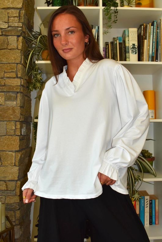 Body Stretch Cotton Ruffle Layer Shirt White